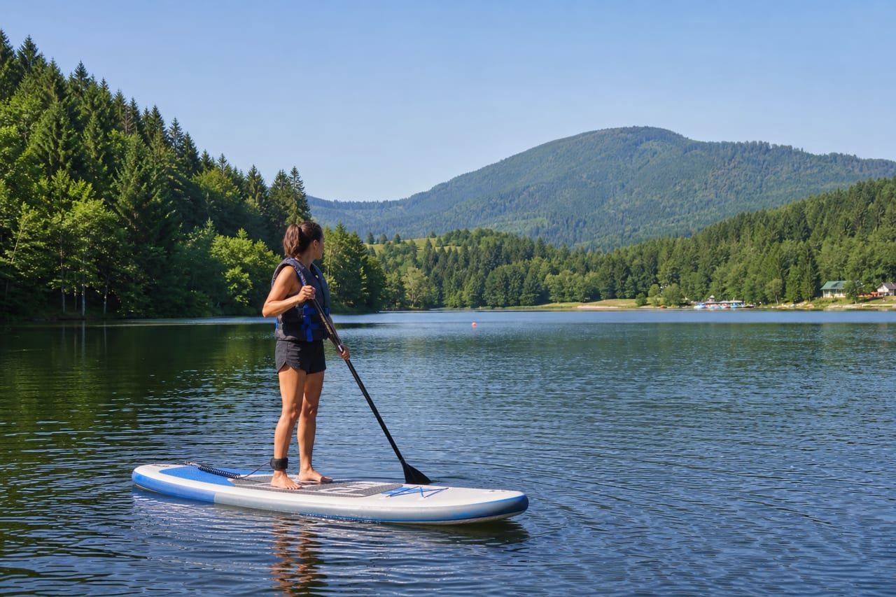 Stand-up-Paddlerin mit Schwimmweste auf einem Vogesensee im Sommer